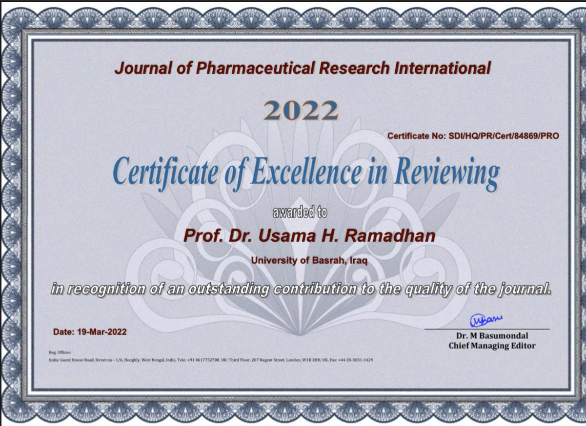 A faculty member at the College of Pharmacy receives a certificate of excellence in research evaluation for an international journal